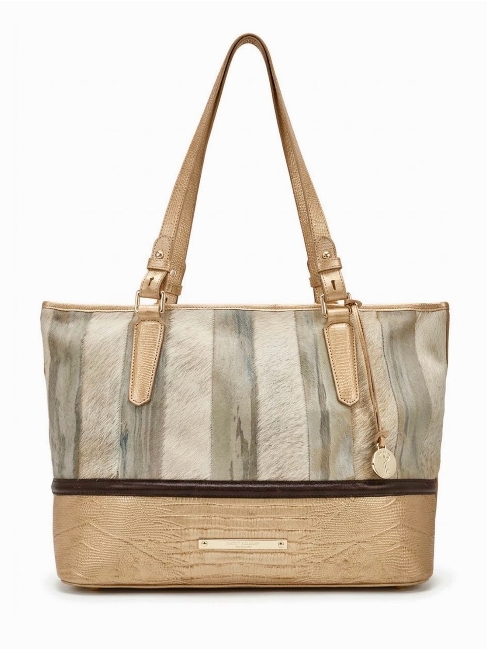 Brahmin Medium Asher Gold  Striped Calf Hair LeatherTote and Dust Bag